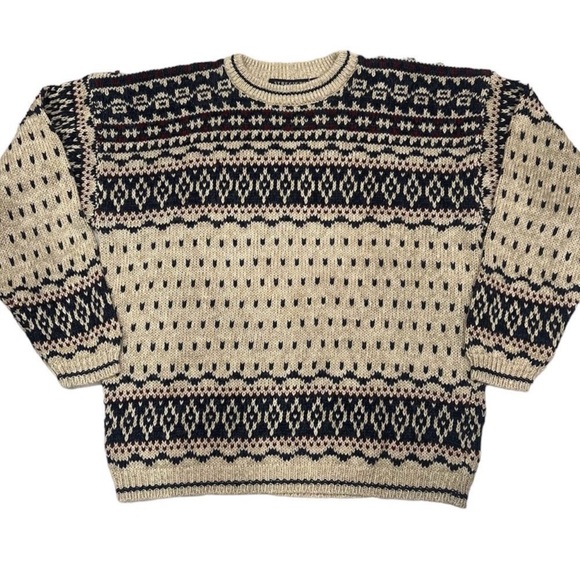 Vintage 90s Y2K Men’s Tan Structure Fair Isle Cowichan Nordic Cable Knit Sweater